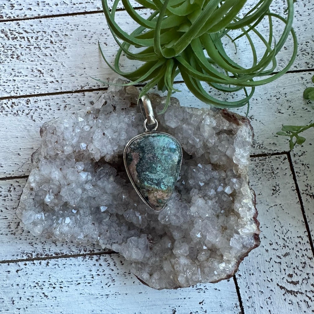 Blue Chrysocolla Gemstone Teardrop Pendant Sterling Silver Plated.